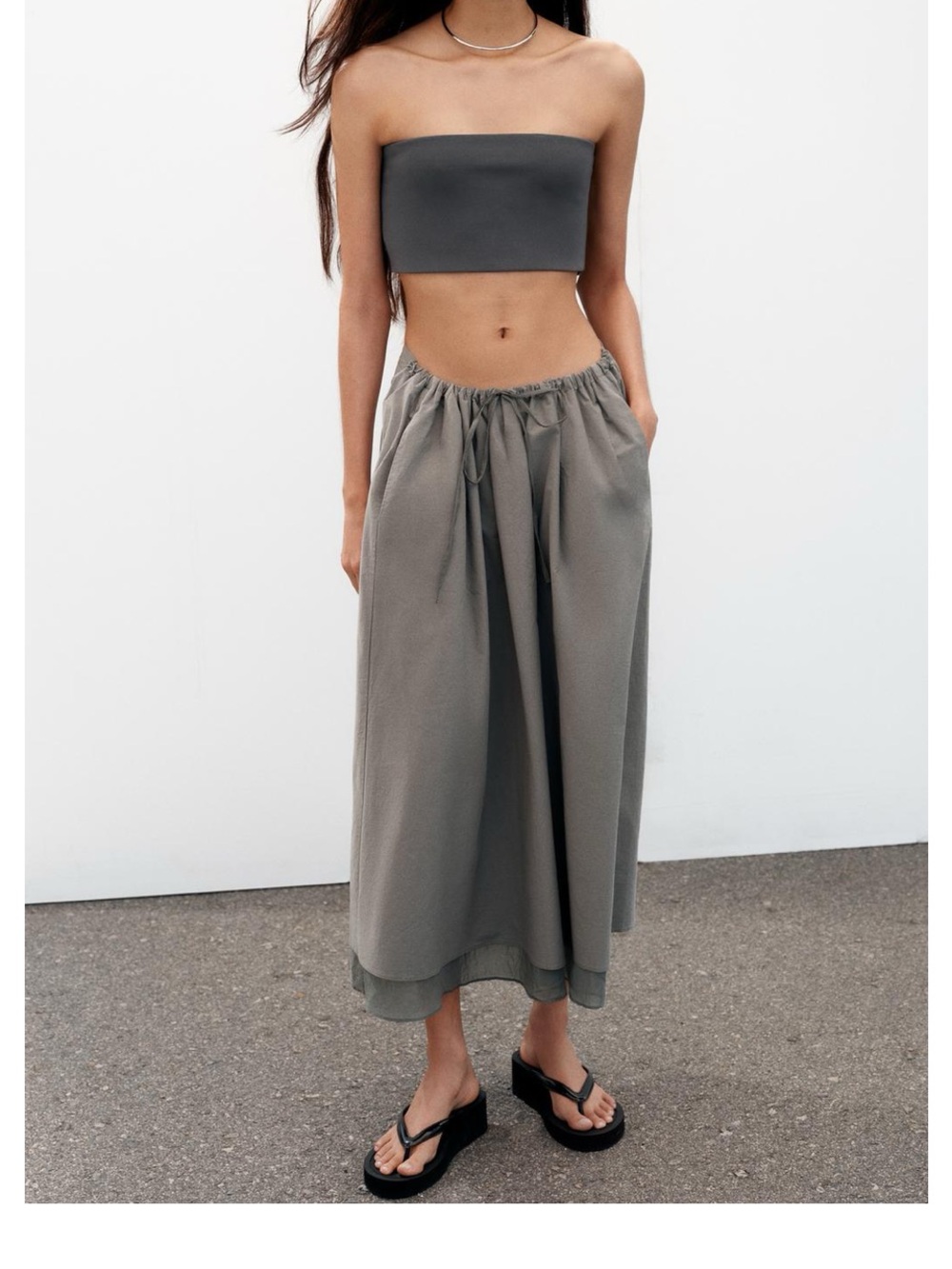 NWT Zara Women's Cotton Grey Drawstring Midi Skirt